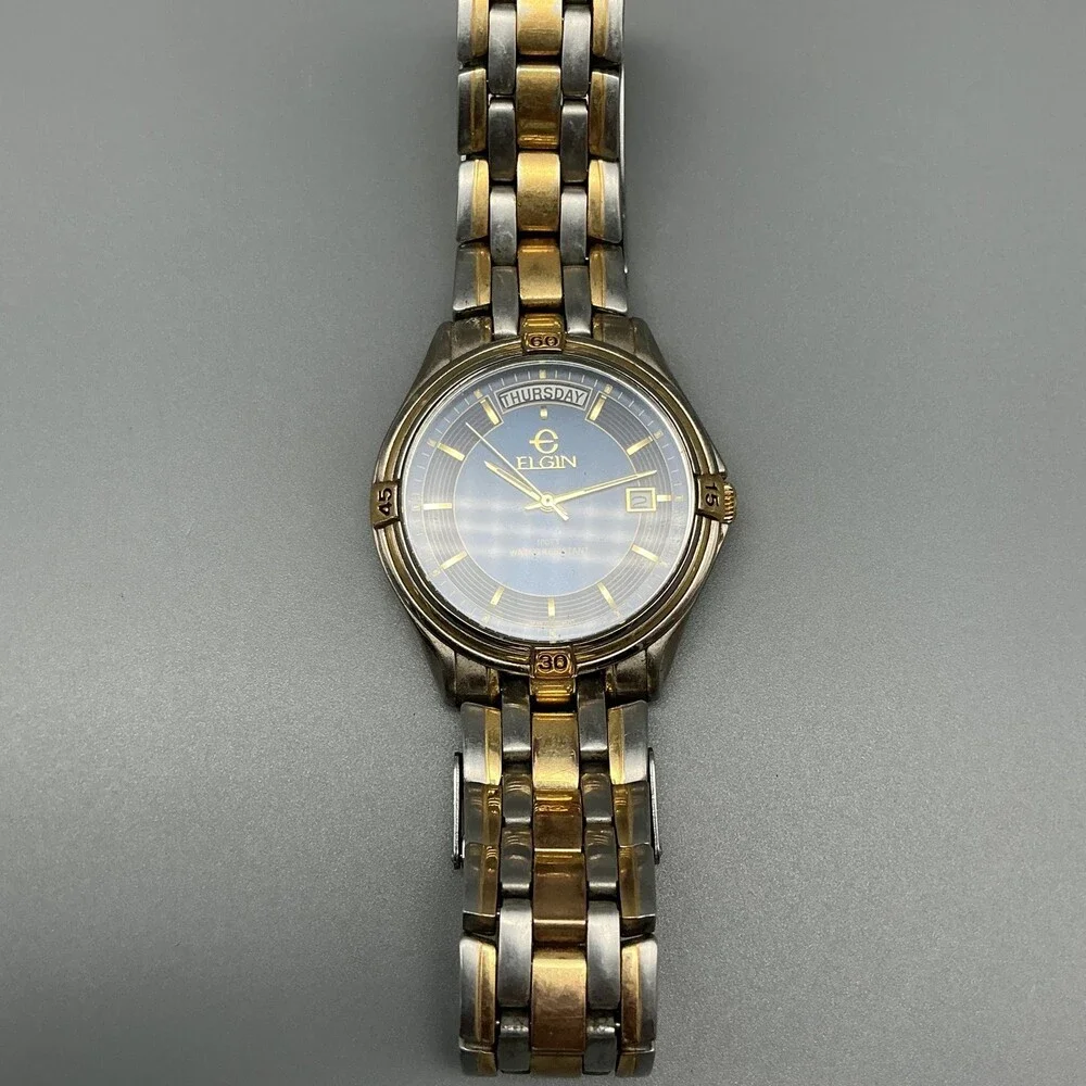 Vtg Elgin FCM215 Mens Watch 38mm Blue Dial Two Tone Day Date New Battery 7.25